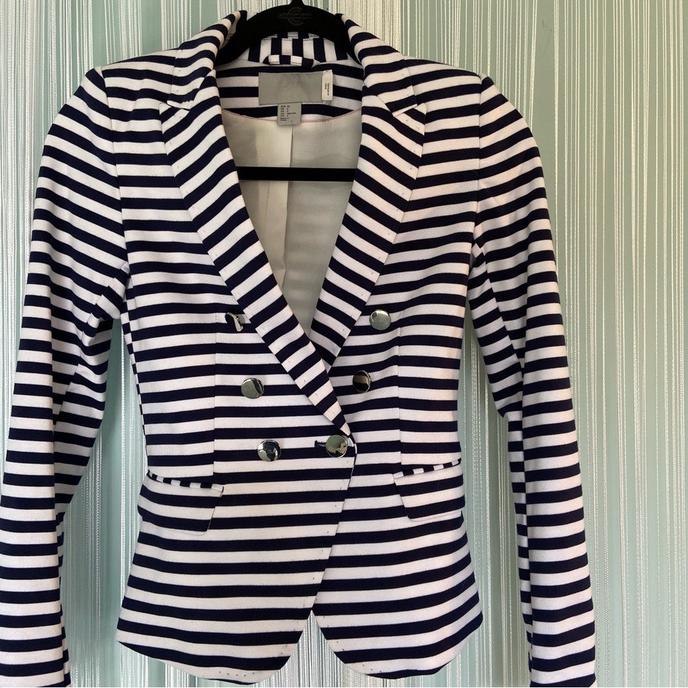 Navy and White Striped Blazer Jacket